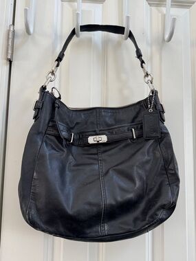 Coach Black Leather Shoulder Hobo with Silver Hardware and Turn-Lock